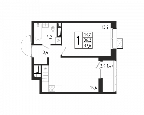 1-комнатная, квартира, 37.6 м²