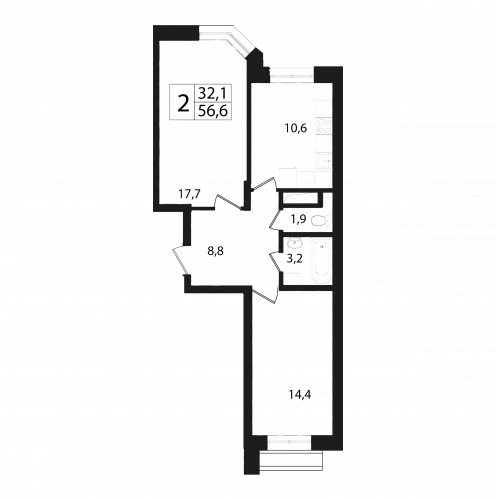 2-комнатная, квартира, 56.5 м²