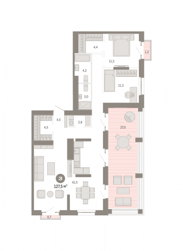 3-комнатная, квартира, 127.5 м²