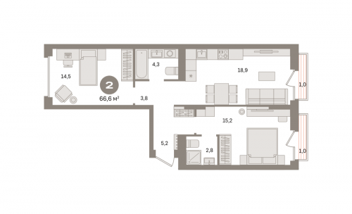 2-комнатная, квартира, 66.6 м²
