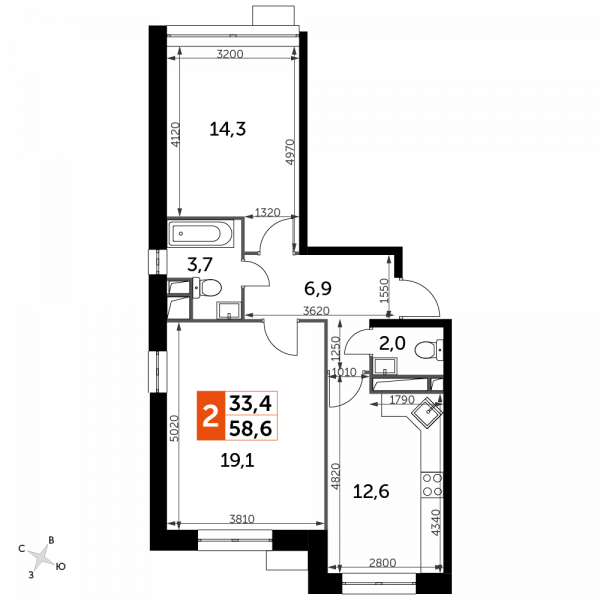 2 комнаты до 58.6