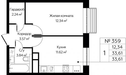 1-комнатная, 33.61 м²