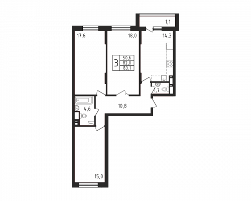 3-комнатная, квартира, 83.1 м²