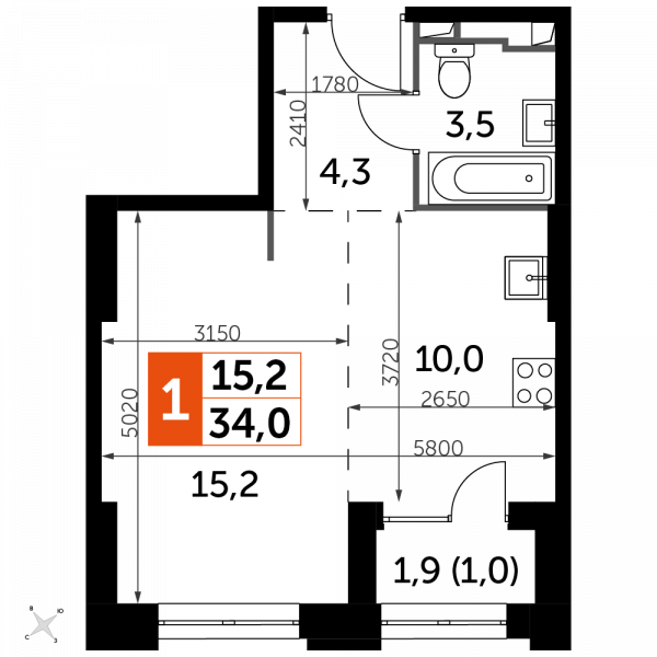 1 комната до 34