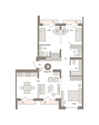 3-комнатная, квартира, 93 м²