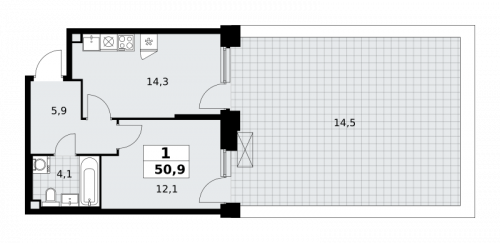 1-комнатная, 50.9 м²