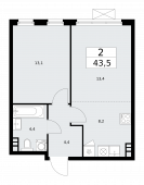 2-комнатная квартира 43,5 м²