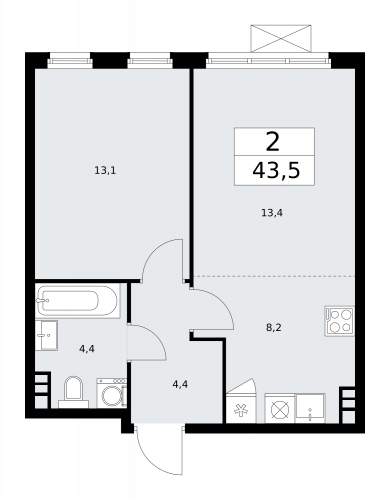 2-комнатная, 43.5 м²