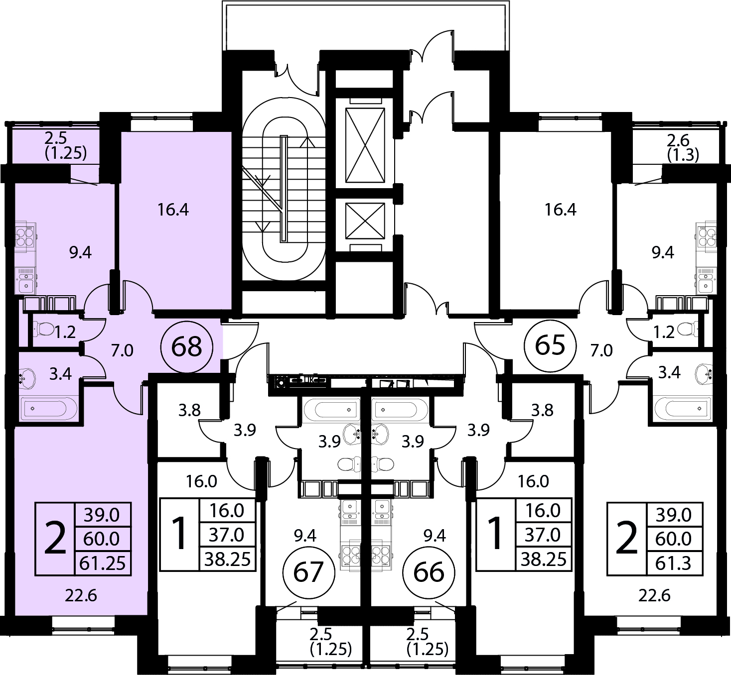 2-комнатная квартира №68, 61,3 м² за 8,85 млн руб. в ЖК «Космос» - планировка