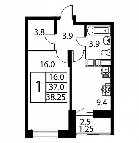 1-комнатная, квартира, 38.25 м²