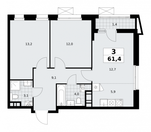 3-комнатная, 61.4 м²