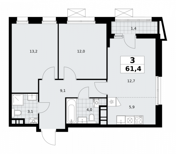 3 комнаты до 61.4