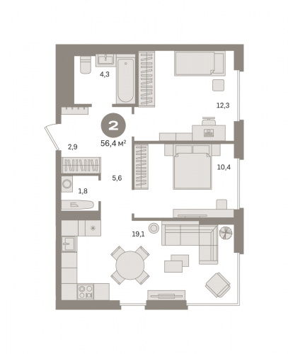 2-комнатная, квартира, 56.41 м²