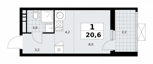 1-комнатная, 20.6 м²