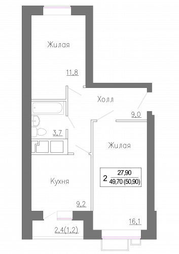 2-комнатная, 50.9 м²