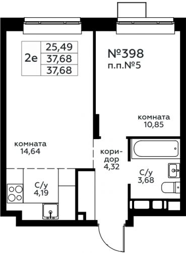 2-комнатная, 37.68 м²