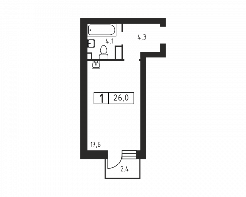 1-комнатная, 26 м²