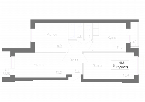 3-комнатная, 67.2 м²