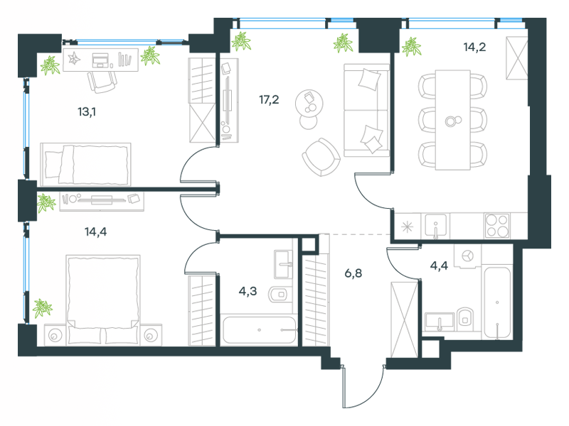 3-комнатные апартаменты №403, 74,4 м² за 32,66 млн руб. в ЖК «Level Мичуринский» - планировка