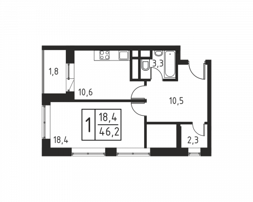 1-комнатная, квартира, 47.3 м²