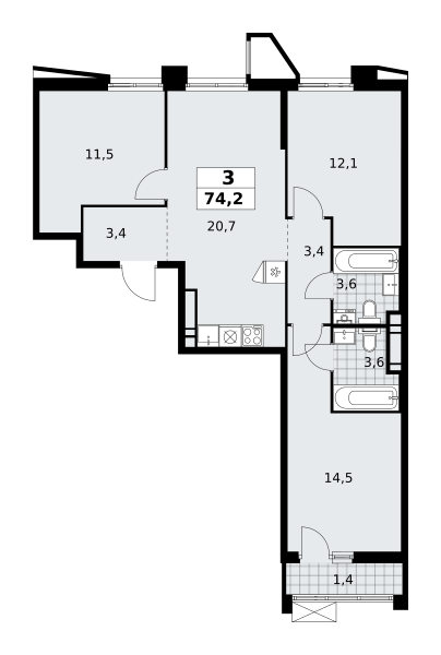 3-комнатная квартира №58К-7.1.2-262, 74,2 м² за 21,00 млн руб. в ЖК «Прокшино» - планировка