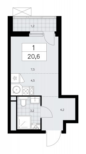 1-комнатная, 20.6 м²