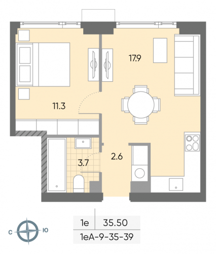1-комнатная, квартира, 35.5 м²