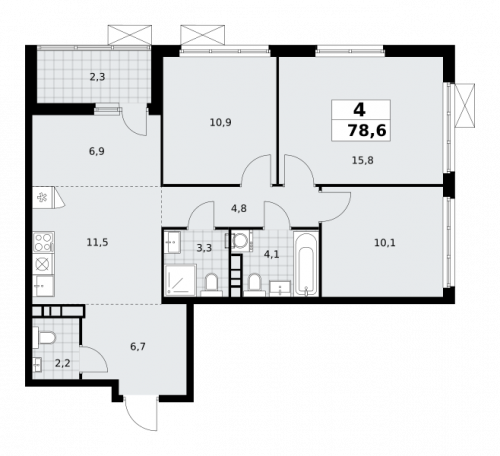 Многокомнатная, 78.6 м²