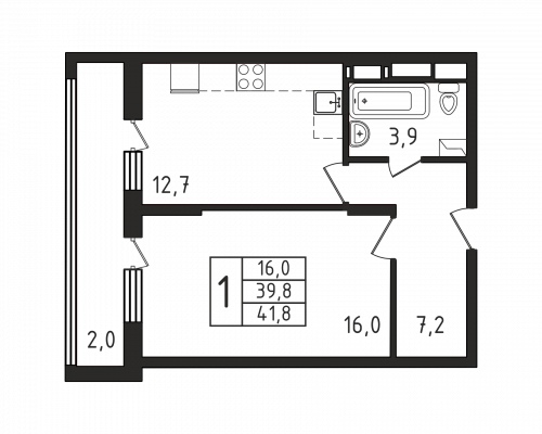 1-комнатная, квартира, 41.8 м²