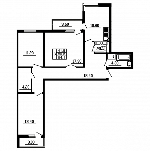 3-комнатная, квартира, 84.1 м²