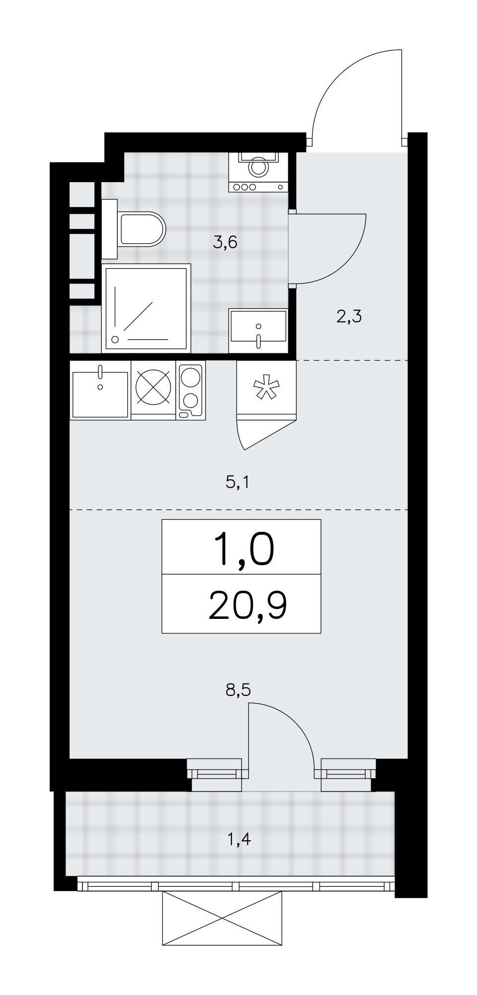 1-комнатная квартира №58К-10.1.4-778, 20,9 м² за 8,64 млн руб. в ЖК «Прокшино» - планировка