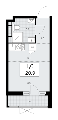 1-комнатная, 20.9 м²