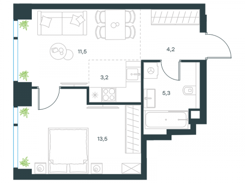 2-комнатная, квартира, 37.7 м²