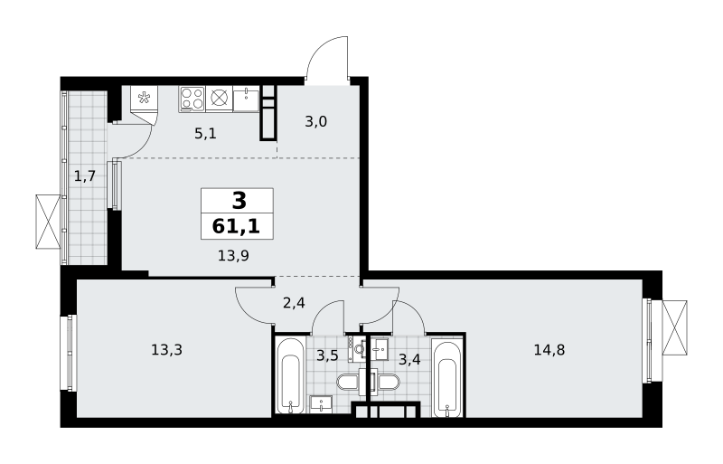 3-комнатная квартира №58К-7.1.1-100, 61,1 м² за 16,90 млн руб. в ЖК «Прокшино» - планировка