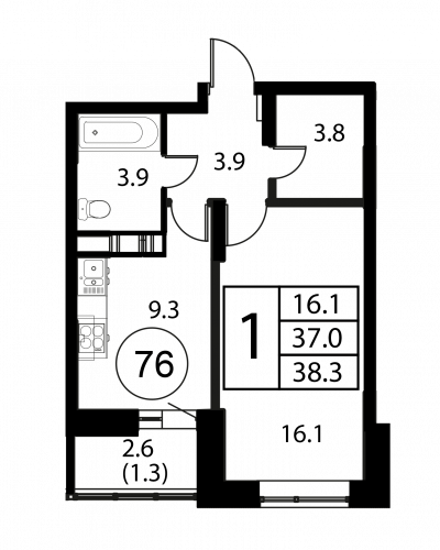 1-комнатная, квартира, 38.3 м²