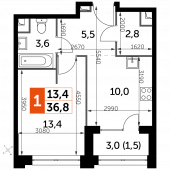 1-комнатная квартира 36,8 м²