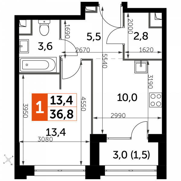 1 комната до 36.8