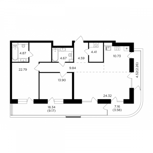 3-комнатная, квартира, 115.13 м²