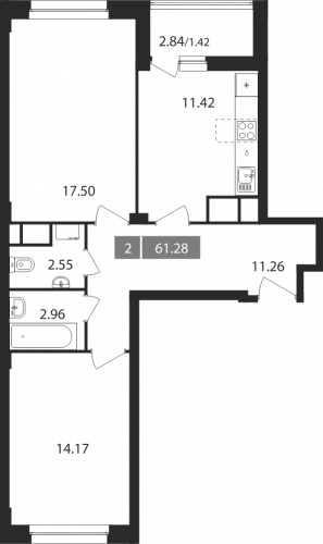 2-комнатная, квартира, 61.28 м²