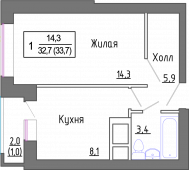 1-комнатная квартира 32,6 м²