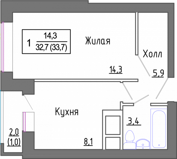 1 комната до 32.6