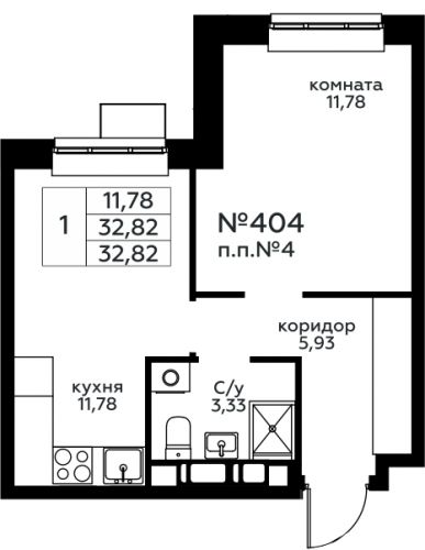 1-комнатная, 32.82 м²