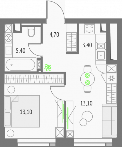 1-комнатная, квартира, 39.7 м²