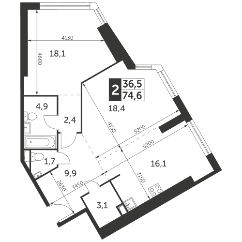 2-комнатная, квартира, 74.6 м²