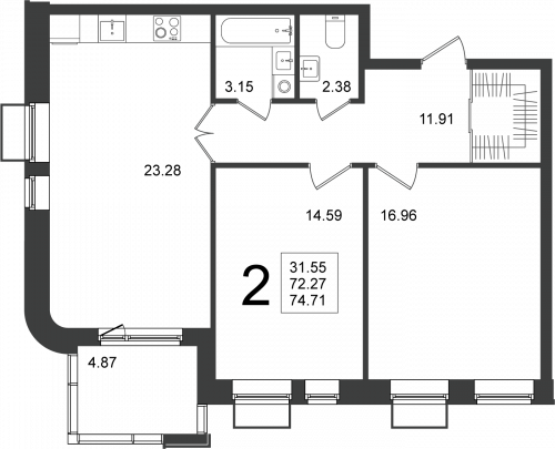 2-комнатная, квартира, 74.71 м²