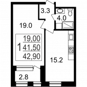 1-комнатная квартира 42,9 м²