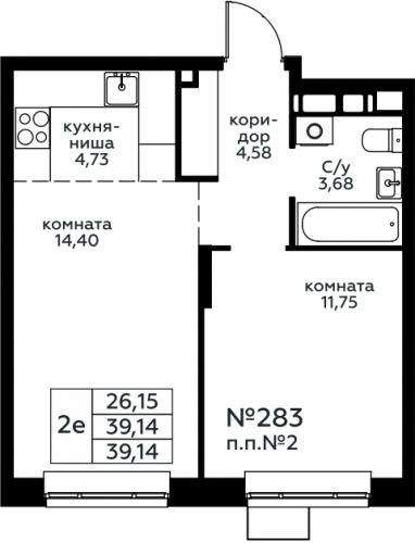 2-комнатная, 39.14 м²