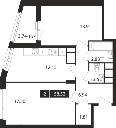 2-комнатная, квартира, 58.52 м²