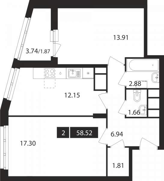 2-комнатная, квартира, 58.52 м²