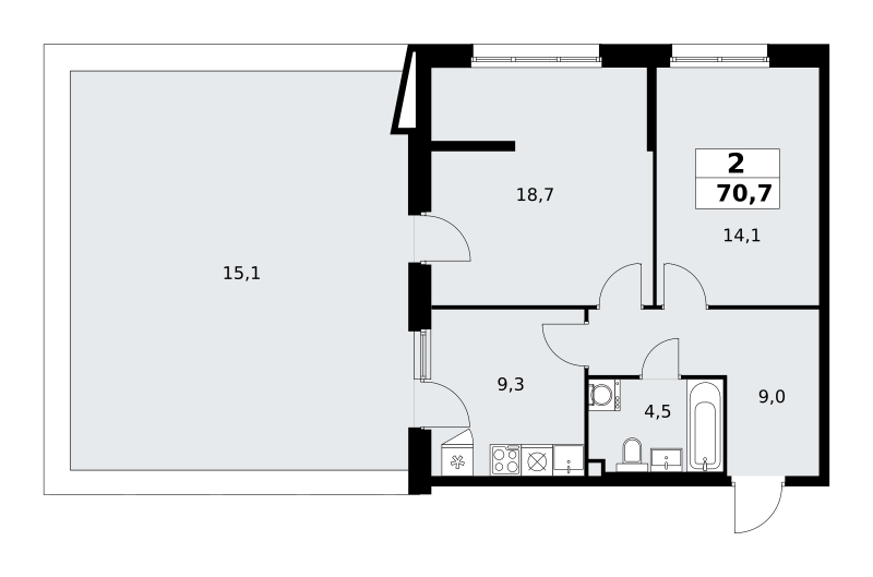 2-комнатная квартира №58К-7.1.4-553, 70,7 м² за 15,84 млн руб. в ЖК «Прокшино» - планировка
